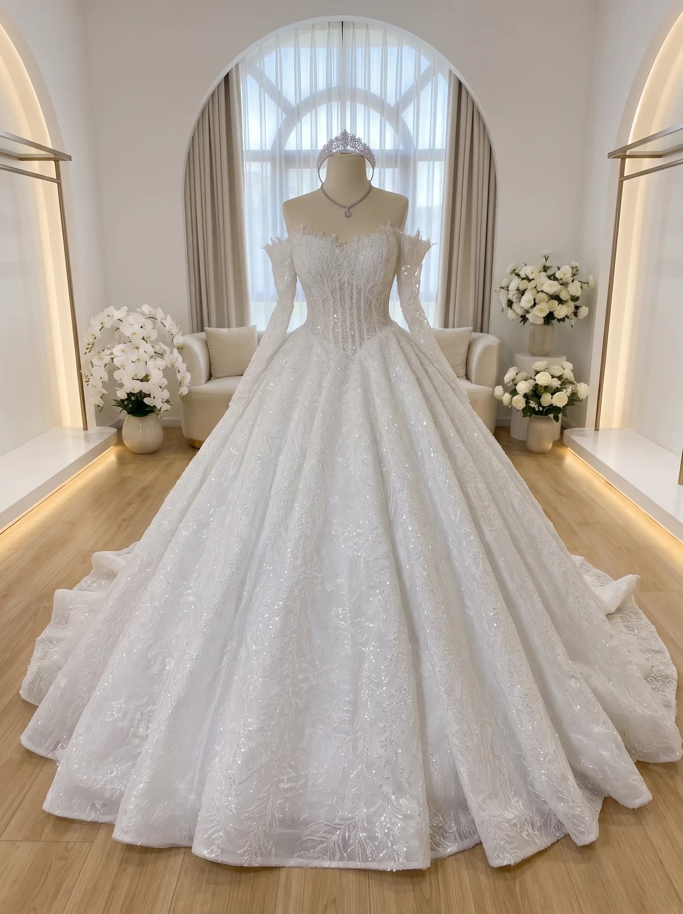 Kanten trouwjurk Danteel van Dalas, een baljurk met off-shoulder mouwen, korsetlijfje en volle glinsterende rok